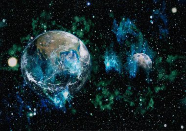 Dünya ve ay siyah bir zemin üzerine uzaydan. NASA tarafından döşenmiş öğeler dahil olmak üzere son derece ayrıntılı görüntü.