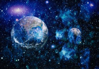 Dünya ve ay siyah bir zemin üzerine uzaydan. NASA tarafından döşenmiş öğeler dahil olmak üzere son derece ayrıntılı görüntü.