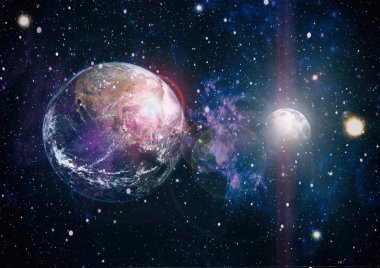 Dünya ve ay siyah bir zemin üzerine uzaydan. NASA tarafından döşenmiş öğeler dahil olmak üzere son derece ayrıntılı görüntü.