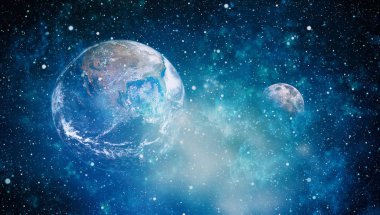 Dünya ve ay siyah bir zemin üzerine uzaydan. NASA tarafından döşenmiş öğeler dahil olmak üzere son derece ayrıntılı görüntü.