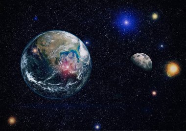 Dünya ve ay siyah bir zemin üzerine uzaydan. NASA tarafından döşenmiş öğeler dahil olmak üzere son derece ayrıntılı görüntü.