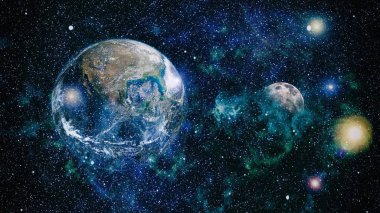 Dünya ve ay siyah bir zemin üzerine uzaydan. NASA tarafından döşenmiş öğeler dahil olmak üzere son derece ayrıntılı görüntü.