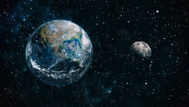 Dünya ve ay siyah bir zemin üzerine uzaydan. NASA tarafından döşenmiş öğeler dahil olmak üzere son derece ayrıntılı görüntü.