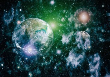 Dünya ve ay siyah bir zemin üzerine uzaydan. NASA tarafından döşenmiş öğeler dahil olmak üzere son derece ayrıntılı görüntü.