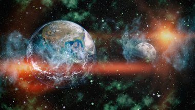 Dünya ve ay siyah bir zemin üzerine uzaydan. NASA tarafından döşenmiş öğeler dahil olmak üzere son derece ayrıntılı görüntü.