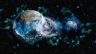 Dünya ve ay siyah bir zemin üzerine uzaydan. NASA tarafından döşenmiş öğeler dahil olmak üzere son derece ayrıntılı görüntü.