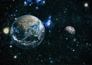 Dünya ve ay siyah bir zemin üzerine uzaydan. NASA tarafından döşenmiş öğeler dahil olmak üzere son derece ayrıntılı görüntü.