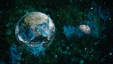 Dünya ve ay siyah bir zemin üzerine uzaydan. NASA tarafından döşenmiş öğeler dahil olmak üzere son derece ayrıntılı görüntü.