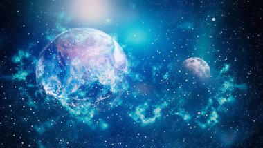 Dünya ve ay siyah bir zemin üzerine uzaydan. NASA tarafından döşenmiş öğeler dahil olmak üzere son derece ayrıntılı görüntü.