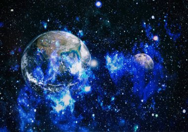 Dünya ve ay siyah bir zemin üzerine uzaydan. NASA tarafından döşenmiş öğeler dahil olmak üzere son derece ayrıntılı görüntü.