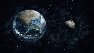 Dünya ve ay siyah bir zemin üzerine uzaydan. NASA tarafından döşenmiş öğeler dahil olmak üzere son derece ayrıntılı görüntü.
