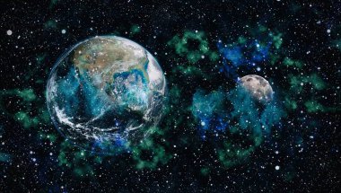 Dünya ve ay siyah bir zemin üzerine uzaydan. NASA tarafından döşenmiş öğeler dahil olmak üzere son derece ayrıntılı görüntü.