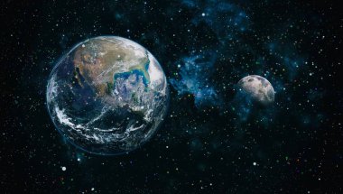 Dünya ve ay siyah bir zemin üzerine uzaydan. NASA tarafından döşenmiş öğeler dahil olmak üzere son derece ayrıntılı görüntü.