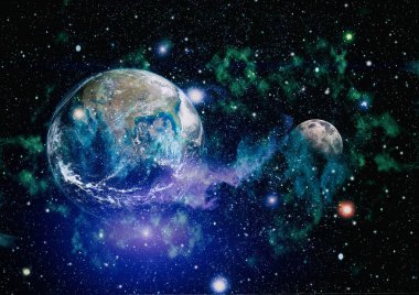 Dünya ve ay siyah bir zemin üzerine uzaydan. NASA tarafından döşenmiş öğeler dahil olmak üzere son derece ayrıntılı görüntü.