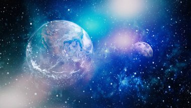 Dünya ve ay siyah bir zemin üzerine uzaydan. NASA tarafından döşenmiş öğeler dahil olmak üzere son derece ayrıntılı görüntü.