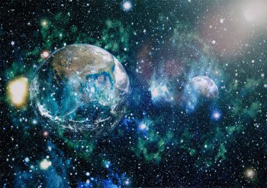 Dünya ve ay siyah bir zemin üzerine uzaydan. NASA tarafından döşenmiş öğeler dahil olmak üzere son derece ayrıntılı görüntü.