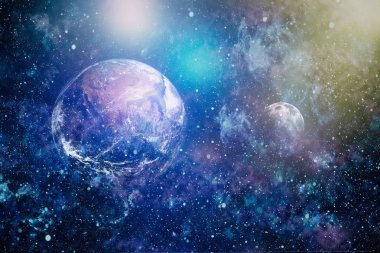 Dünya ve ay siyah bir zemin üzerine uzaydan. NASA tarafından döşenmiş öğeler dahil olmak üzere son derece ayrıntılı görüntü.