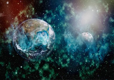 Dünya ve ay siyah bir zemin üzerine uzaydan. NASA tarafından döşenmiş öğeler dahil olmak üzere son derece ayrıntılı görüntü.