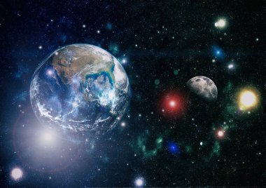 Dünya ve ay siyah bir zemin üzerine uzaydan. NASA tarafından döşenmiş öğeler dahil olmak üzere son derece ayrıntılı görüntü.