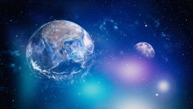 Dünya ve ay siyah bir zemin üzerine uzaydan. NASA tarafından döşenmiş öğeler dahil olmak üzere son derece ayrıntılı görüntü.