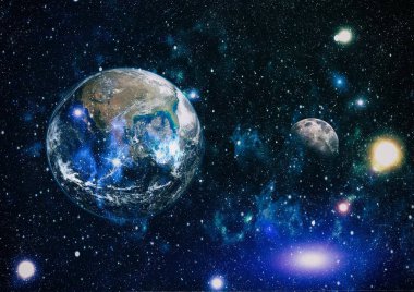 Dünya ve ay siyah bir zemin üzerine uzaydan. NASA tarafından döşenmiş öğeler dahil olmak üzere son derece ayrıntılı görüntü.