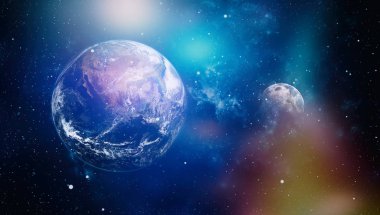 Dünya ve ay siyah bir zemin üzerine uzaydan. NASA tarafından döşenmiş öğeler dahil olmak üzere son derece ayrıntılı görüntü.