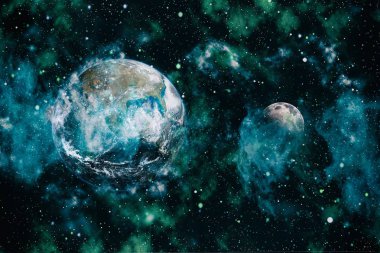 Dünya ve ay siyah bir zemin üzerine uzaydan. NASA tarafından döşenmiş öğeler dahil olmak üzere son derece ayrıntılı görüntü.