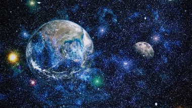 Dünya ve ay siyah bir zemin üzerine uzaydan. NASA tarafından döşenmiş öğeler dahil olmak üzere son derece ayrıntılı görüntü.