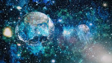 Dünya ve ay siyah bir zemin üzerine uzaydan. NASA tarafından döşenmiş öğeler dahil olmak üzere son derece ayrıntılı görüntü.