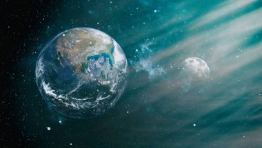 Dünya ve ay siyah bir zemin üzerine uzaydan. NASA tarafından döşenmiş öğeler dahil olmak üzere son derece ayrıntılı görüntü.