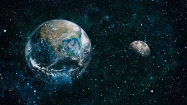 Dünya ve ay siyah bir zemin üzerine uzaydan. NASA tarafından döşenmiş öğeler dahil olmak üzere son derece ayrıntılı görüntü.