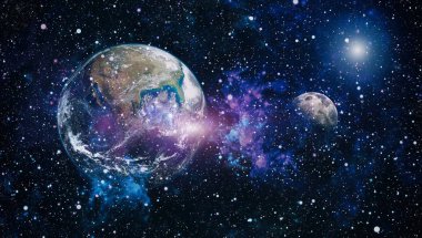 Dünya ve ay siyah bir zemin üzerine uzaydan. NASA tarafından döşenmiş öğeler dahil olmak üzere son derece ayrıntılı görüntü.