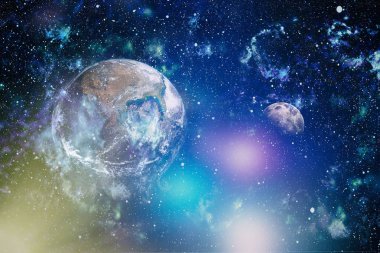 Dünya ve ay siyah bir zemin üzerine uzaydan. NASA tarafından döşenmiş öğeler dahil olmak üzere son derece ayrıntılı görüntü.