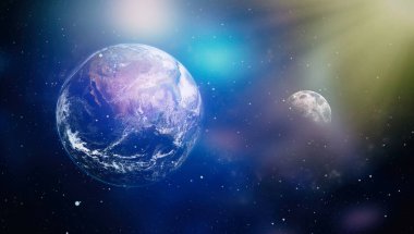 Dünya ve ay siyah bir zemin üzerine uzaydan. NASA tarafından döşenmiş öğeler dahil olmak üzere son derece ayrıntılı görüntü.