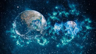 Dünya ve ay siyah bir zemin üzerine uzaydan. NASA tarafından döşenmiş öğeler dahil olmak üzere son derece ayrıntılı görüntü.