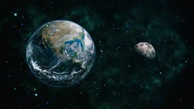 Dünya ve ay siyah bir zemin üzerine uzaydan. NASA tarafından döşenmiş öğeler dahil olmak üzere son derece ayrıntılı görüntü.