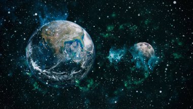 Dünya ve ay siyah bir zemin üzerine uzaydan. NASA tarafından döşenmiş öğeler dahil olmak üzere son derece ayrıntılı görüntü.