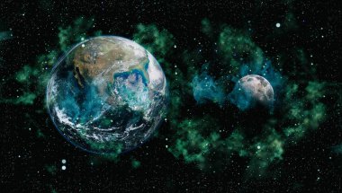 Dünya ve ay siyah bir zemin üzerine uzaydan. NASA tarafından döşenmiş öğeler dahil olmak üzere son derece ayrıntılı görüntü.