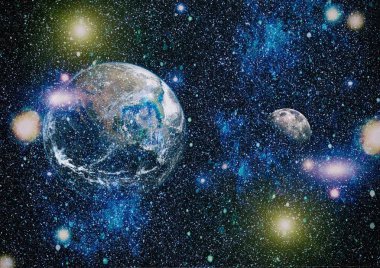 Dünya ve ay siyah bir zemin üzerine uzaydan. NASA tarafından döşenmiş öğeler dahil olmak üzere son derece ayrıntılı görüntü.