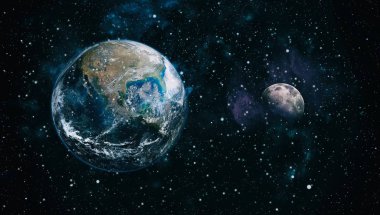 Dünya ve ay siyah bir zemin üzerine uzaydan. NASA tarafından döşenmiş öğeler dahil olmak üzere son derece ayrıntılı görüntü.