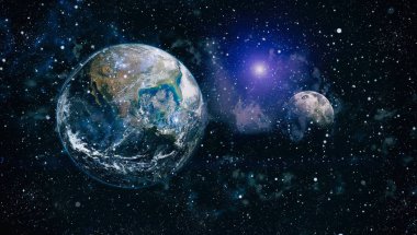 Dünya ve ay siyah bir zemin üzerine uzaydan. NASA tarafından döşenmiş öğeler dahil olmak üzere son derece ayrıntılı görüntü.