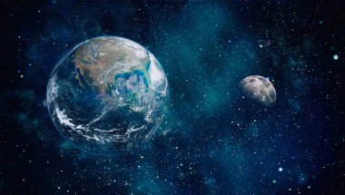 Dünya ve ay siyah bir zemin üzerine uzaydan. NASA tarafından döşenmiş öğeler dahil olmak üzere son derece ayrıntılı görüntü.