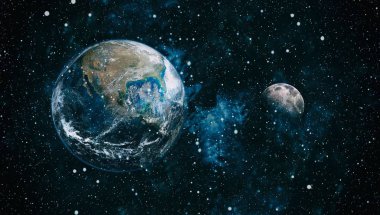 Dünya ve ay siyah bir zemin üzerine uzaydan. NASA tarafından döşenmiş öğeler dahil olmak üzere son derece ayrıntılı görüntü.