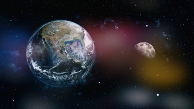 Dünya ve ay siyah bir zemin üzerine uzaydan. NASA tarafından döşenmiş öğeler dahil olmak üzere son derece ayrıntılı görüntü.