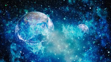 Dünya ve ay siyah bir zemin üzerine uzaydan. NASA tarafından döşenmiş öğeler dahil olmak üzere son derece ayrıntılı görüntü.