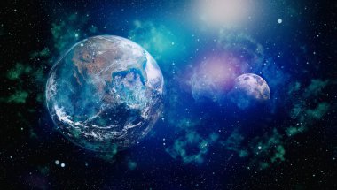 Dünya ve ay siyah bir zemin üzerine uzaydan. NASA tarafından döşenmiş öğeler dahil olmak üzere son derece ayrıntılı görüntü.