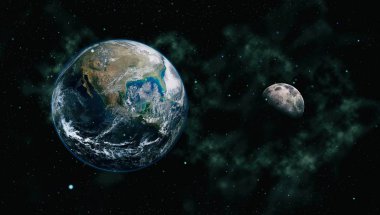 Dünya ve ay siyah bir zemin üzerine uzaydan. NASA tarafından döşenmiş öğeler dahil olmak üzere son derece ayrıntılı görüntü.