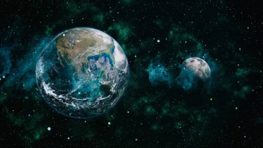 Dünya ve ay siyah bir zemin üzerine uzaydan. NASA tarafından döşenmiş öğeler dahil olmak üzere son derece ayrıntılı görüntü.