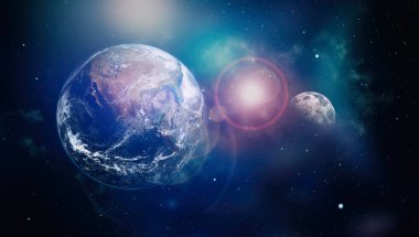 Dünya ve ay siyah bir zemin üzerine uzaydan. NASA tarafından döşenmiş öğeler dahil olmak üzere son derece ayrıntılı görüntü.