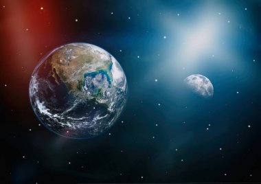 Dünya ve ay siyah bir zemin üzerine uzaydan. NASA tarafından döşenmiş öğeler dahil olmak üzere son derece ayrıntılı görüntü.